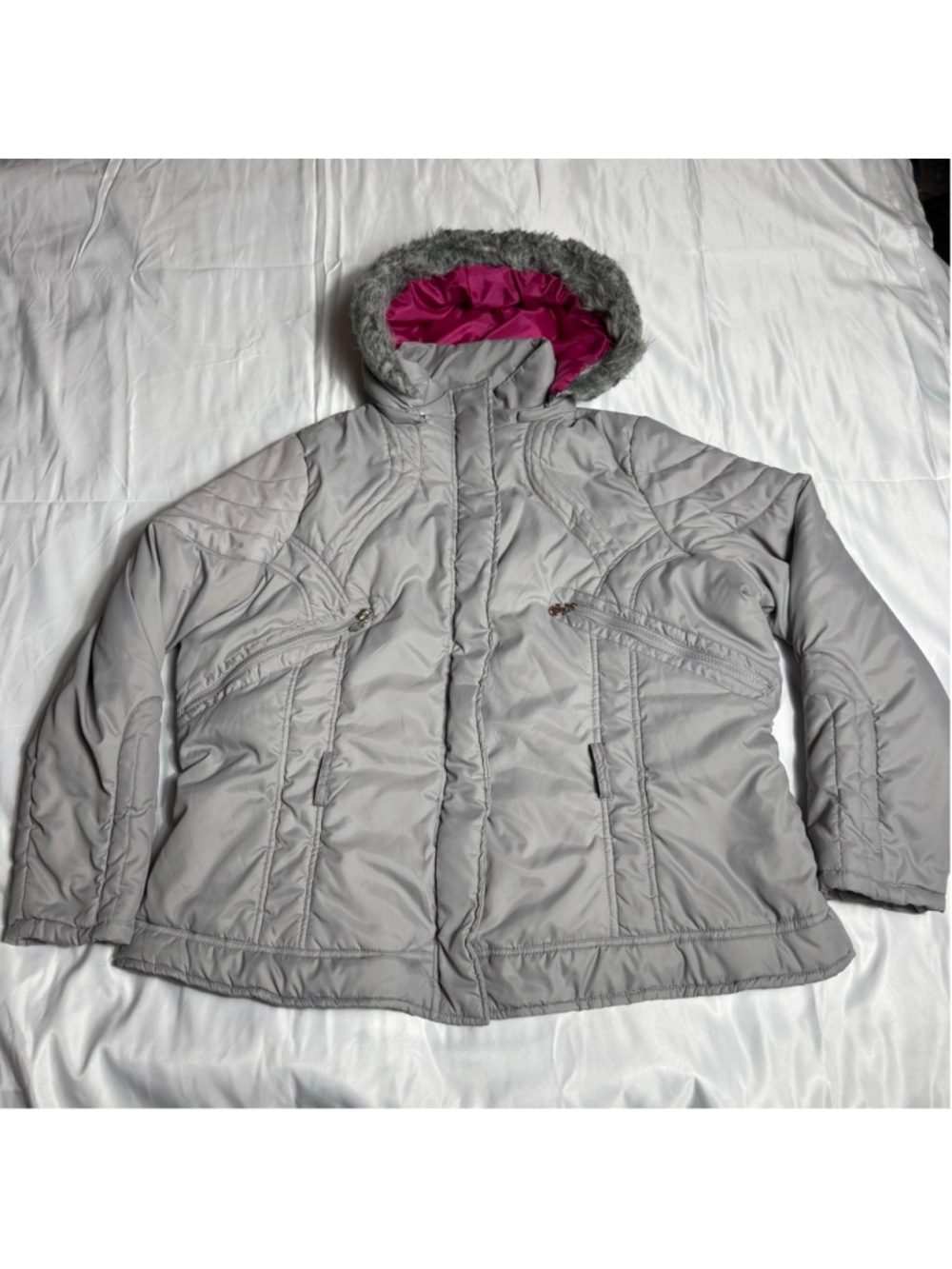 Women's DOLLHOUSE Gray Puffer Jacket with Pink Faux Fur Hood 2X